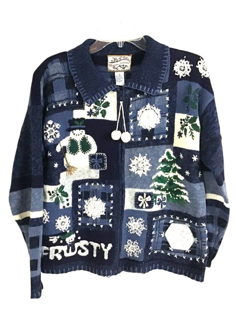 Heirloom Collectibles Medium Vintage Blue White Frosty Snowman Collared Sweater
